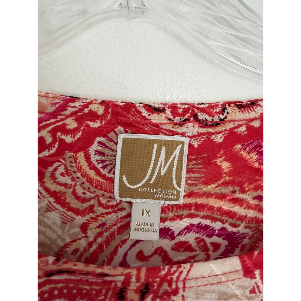 JM Collection Woman Red Paisley 3/4 Sleeve Scoop Neck Top Blouse 1X - Picture 2 of 10